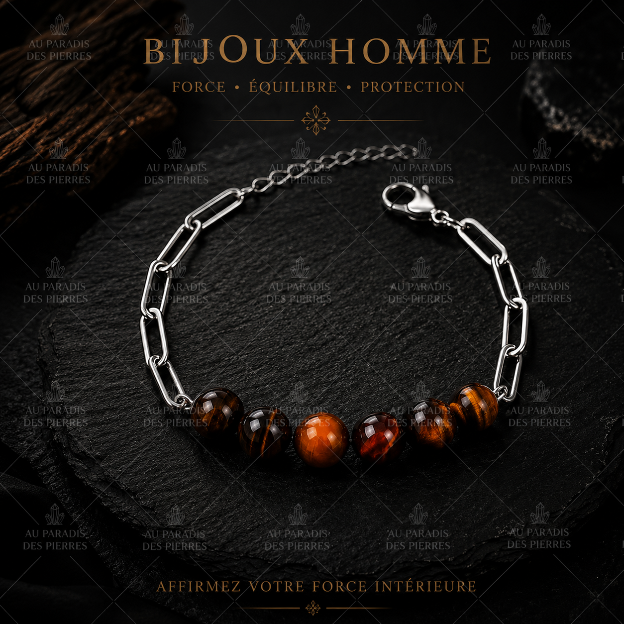 Bracelet réglable acier inoxydable pierre œil de taureau 10mm