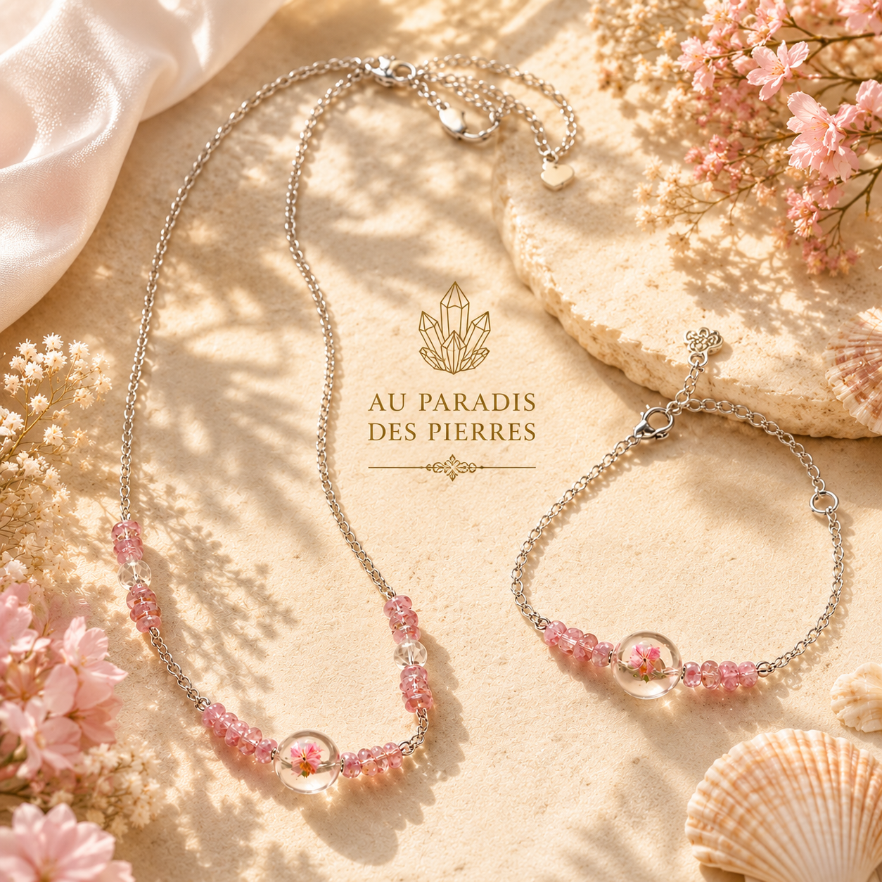 Parure chaîne et bracelet réglable fleur de Sakura