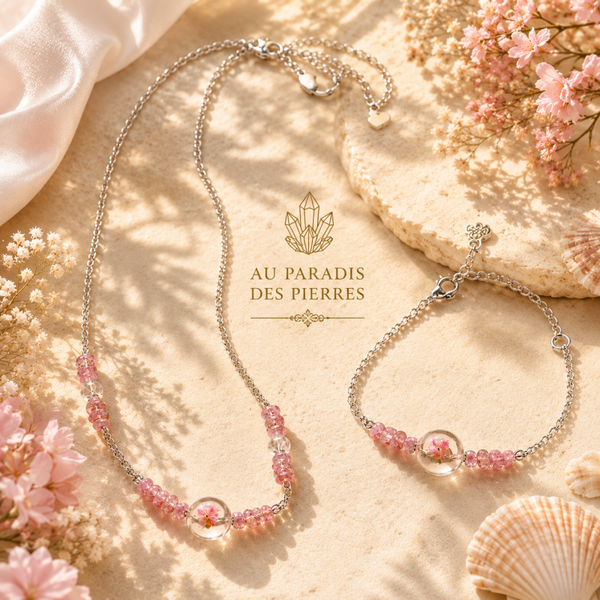 Parure chaîne et bracelet réglable fleur de Sakura