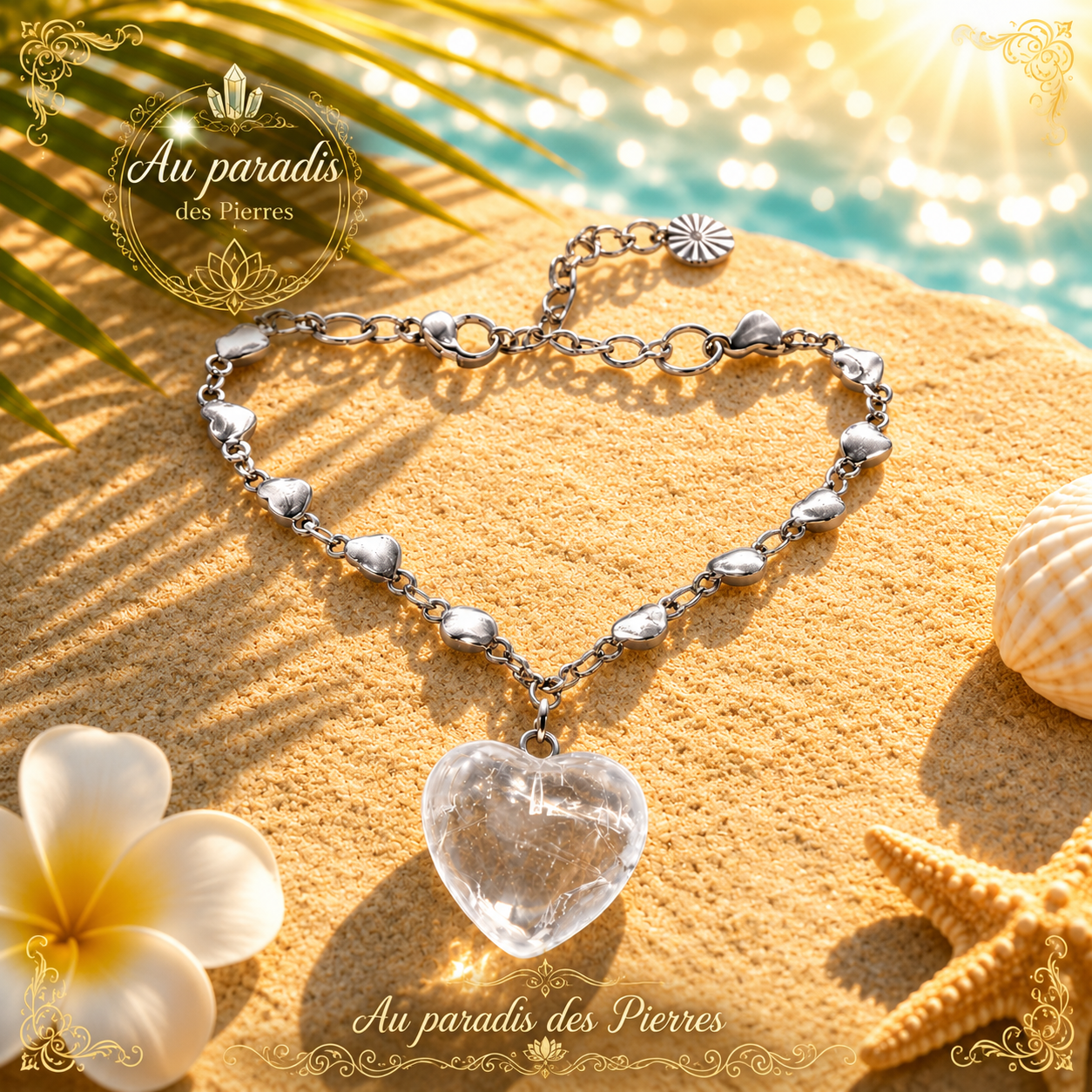 Bracelet acier inoxydable cœur et son cœur en cristal de roche