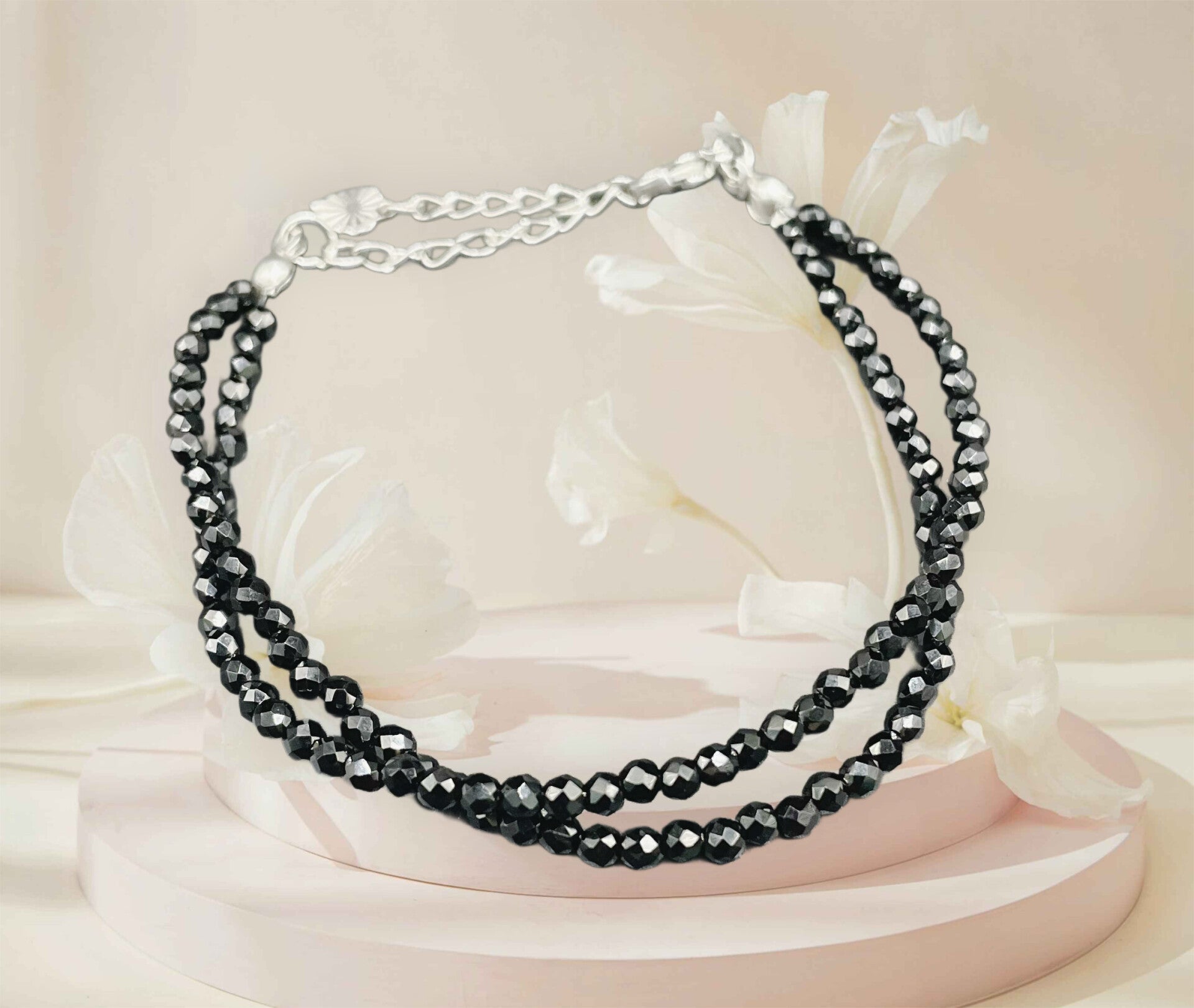 Bracelet double spinelle noire facette