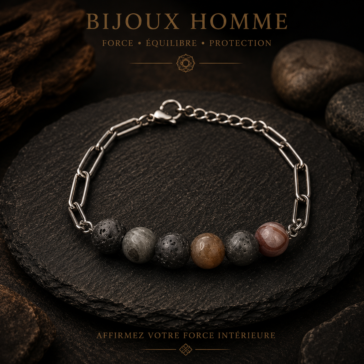 Bracelet réglable acier inoxydable pierre de lave et agate du botwsana 10mm