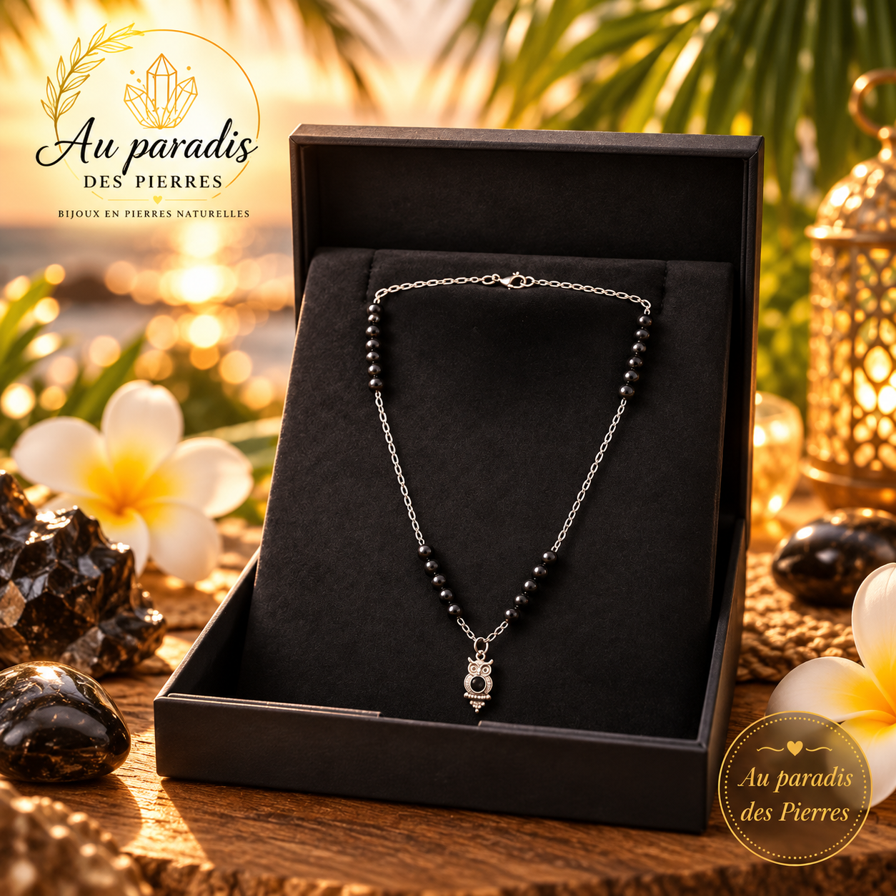Chaîne pendentif hiboux Pierre de lave