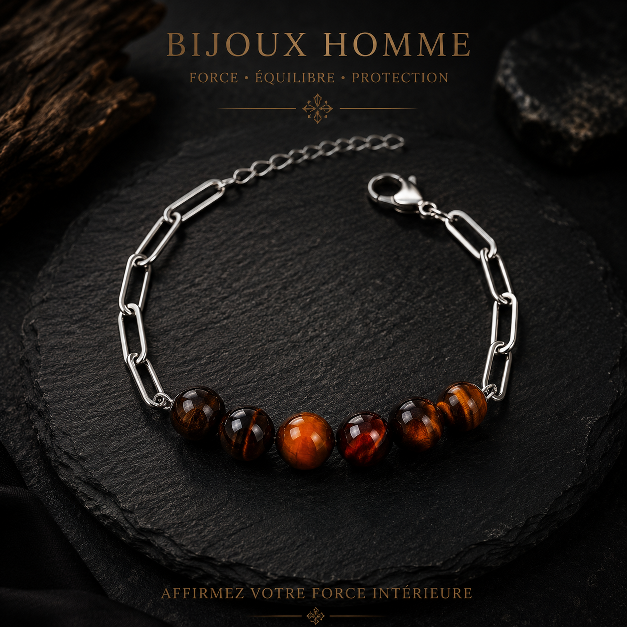 Bracelet réglable acier inoxydable pierre œil de taureau 10mm