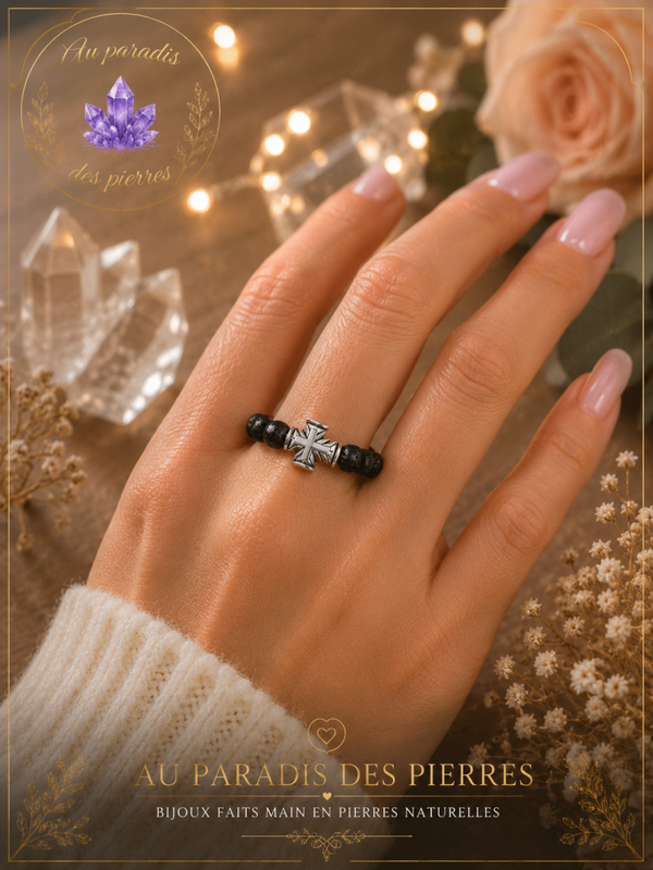 Bague chaînette réglable pierre de lave