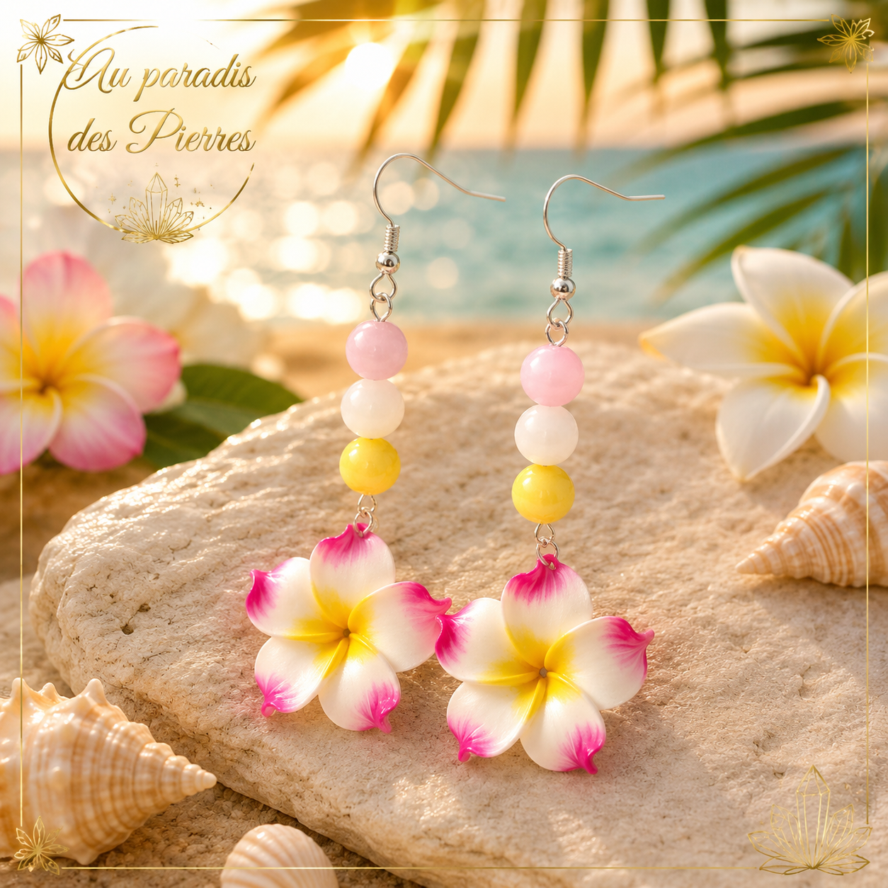 BOUCLES D’OREILLES FORME DE FLEURS DE PLUMERIA TROPICALES