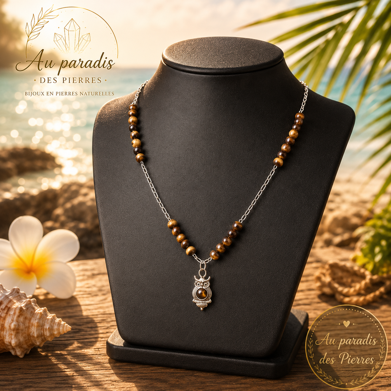 Chaîne pendentif hiboux œil de tigre