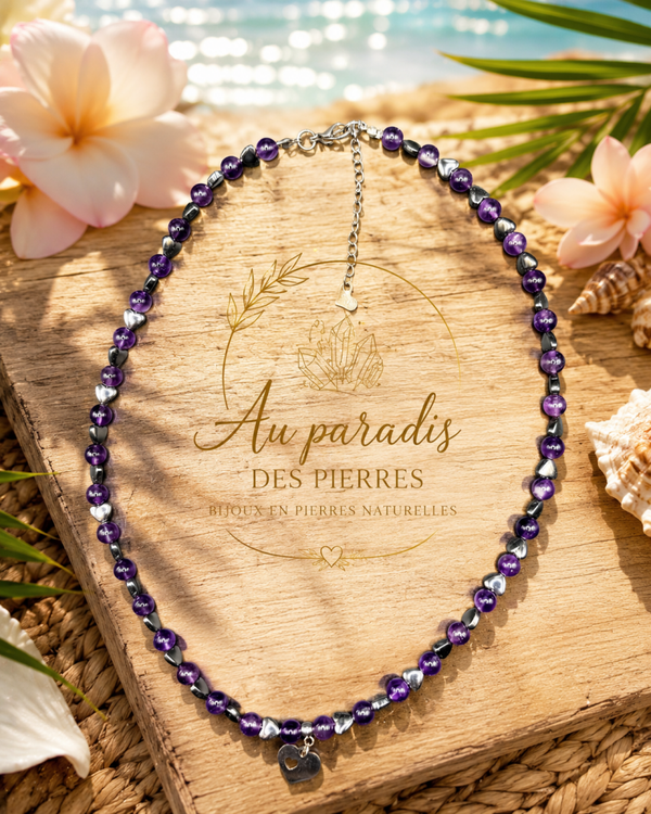Collier améthyste (6mm) et hématite cœur