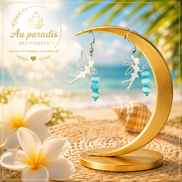 Boucles d’oreilles fée et perles sélénite arc en ciel