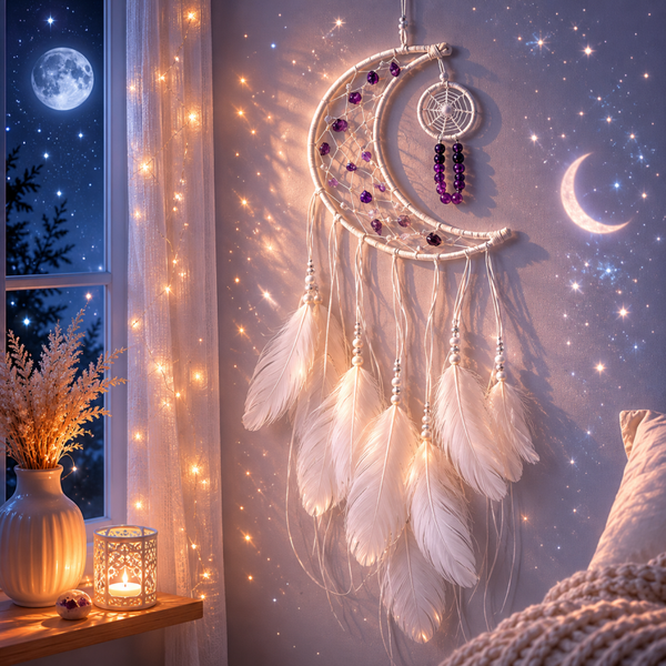 Attrape-rêves Lune Améthyste – Protection & Douceur Spirituelle