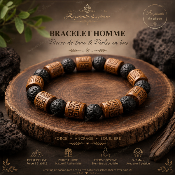 Bracelet homme pierre de lave et perle bois