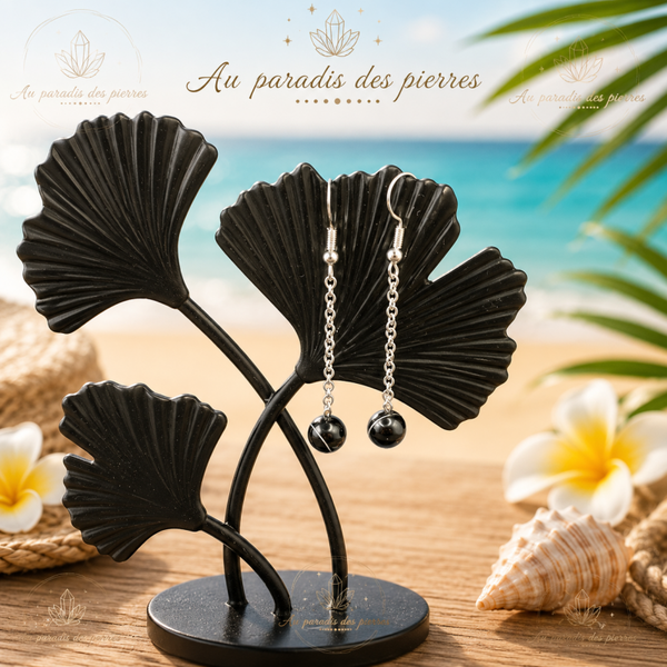 Boucle d’oreille chaînette agate noire