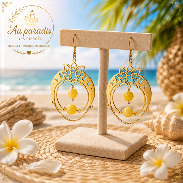 Boucle d’oreille pendante dorée sélénite arc en ciel jaune