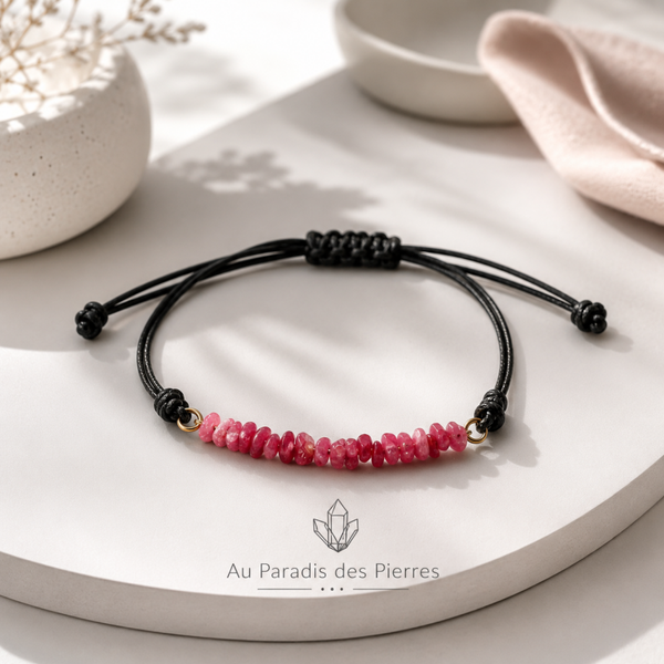 Bracelet réglable en cordon ciré tourmaline rose