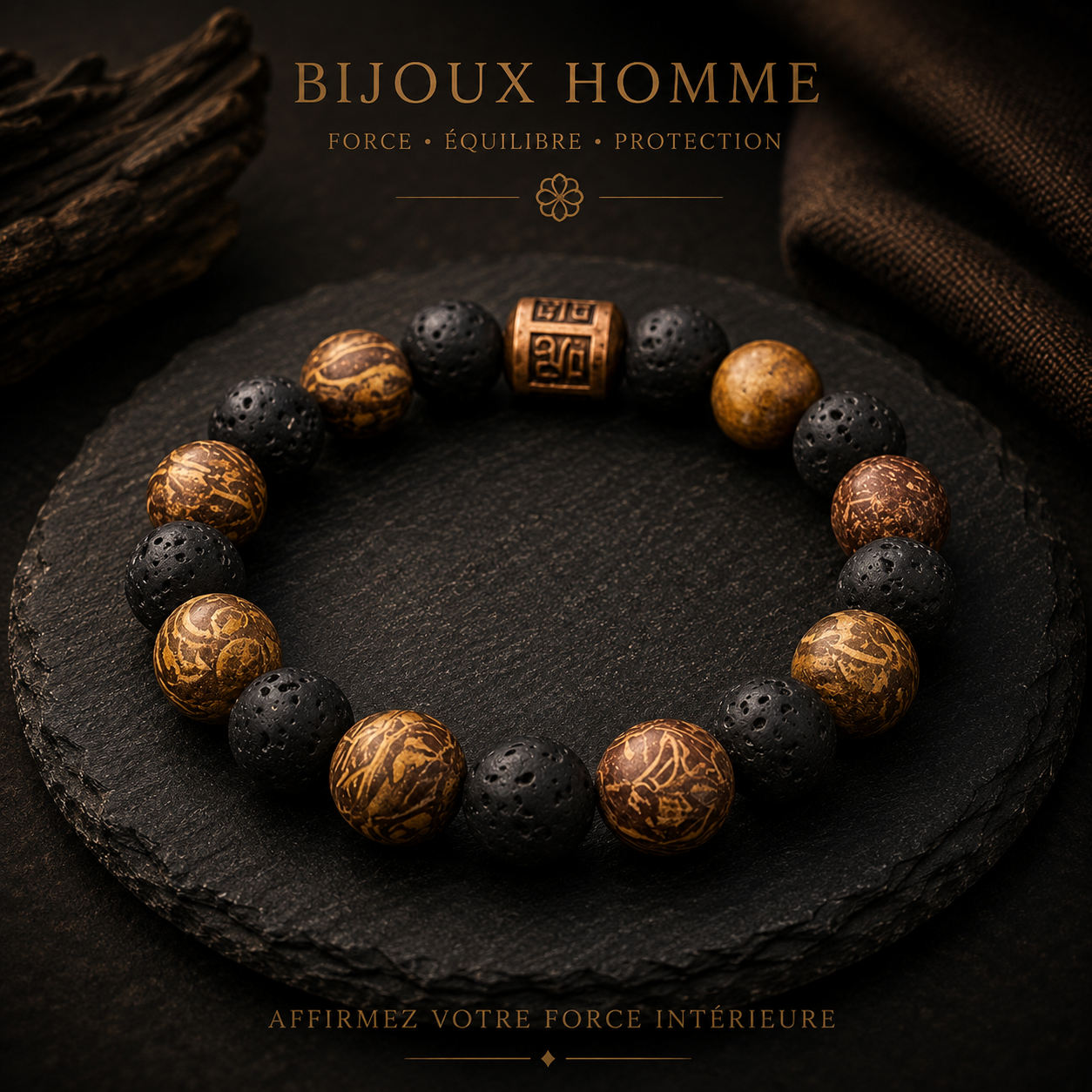 Bracelet homme pierre de lave et bois (10mm)