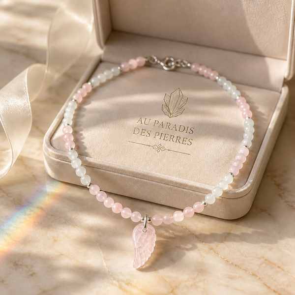 Collier en morganite et pierre de lune 6mm et son aile en quartz rose