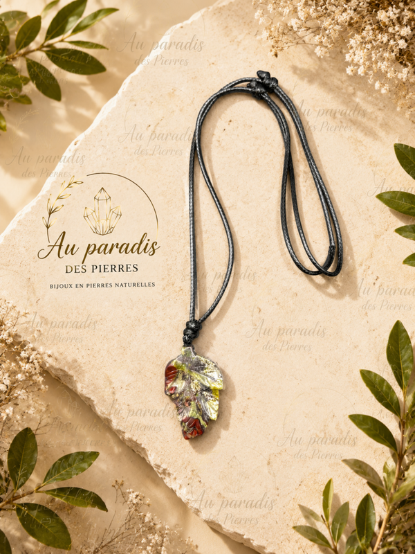 Collier pendentif réglable feuille en Unakite