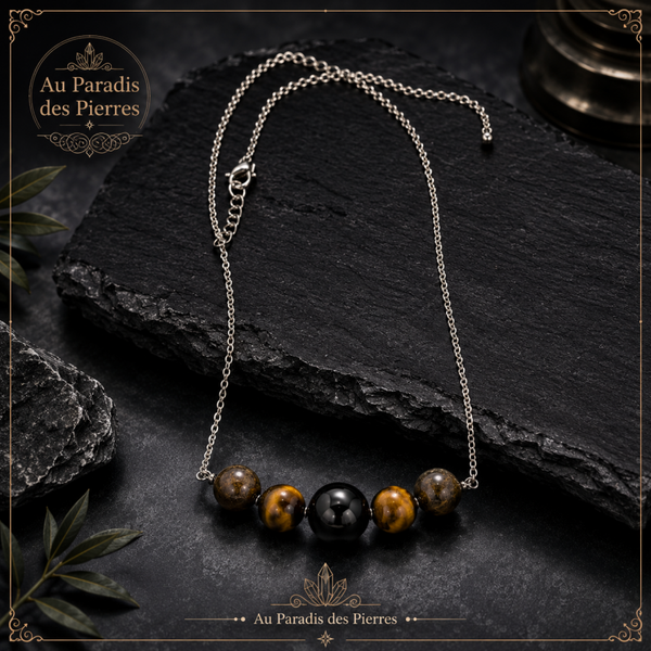 Pendentif chaîne œil de tigre et obsidienne