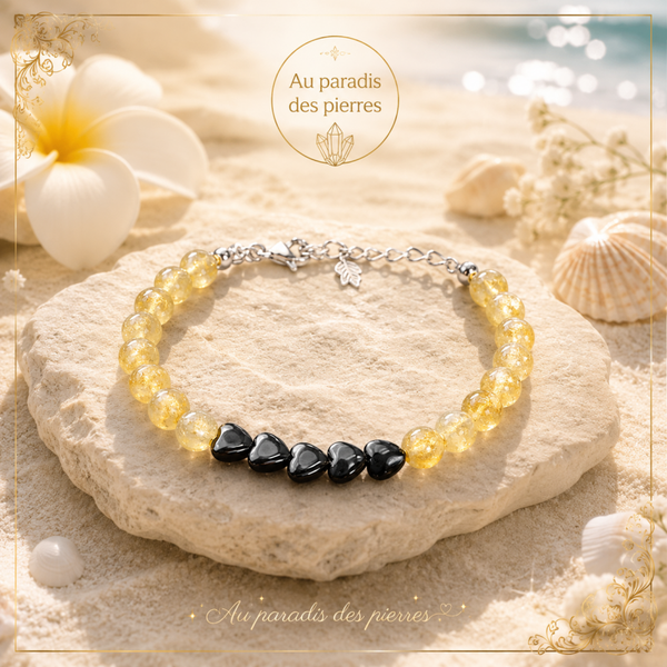 Bracelet réglable citrine (amethyste chauffee)et hématite cœur