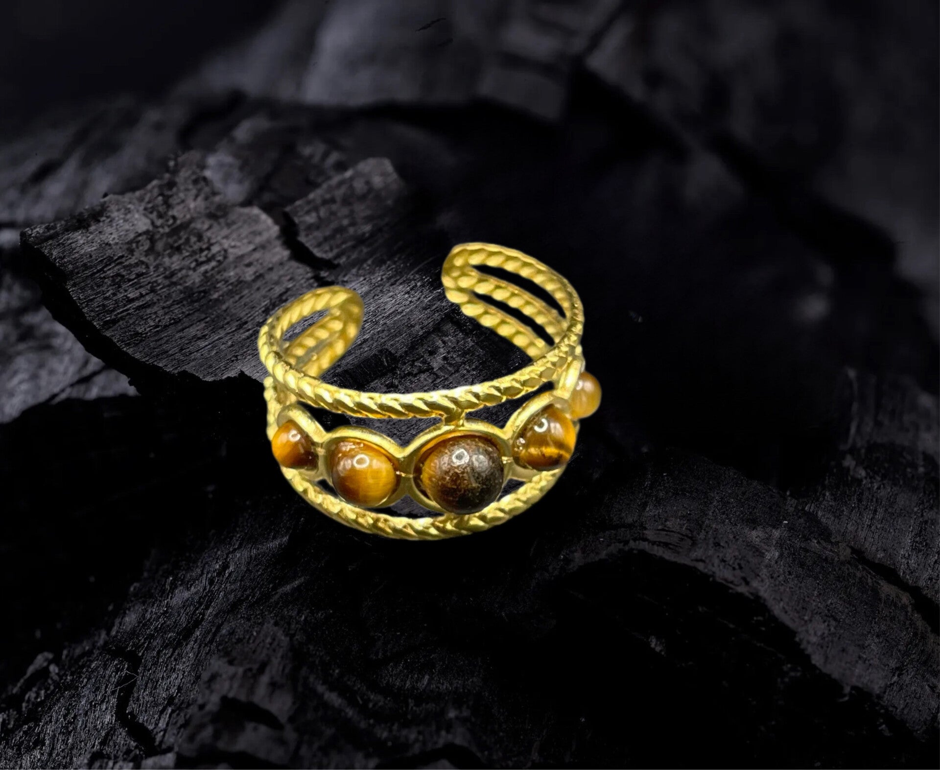 Bague ajustable dorée avec pierre oeil de tigre en Acier inoxydable