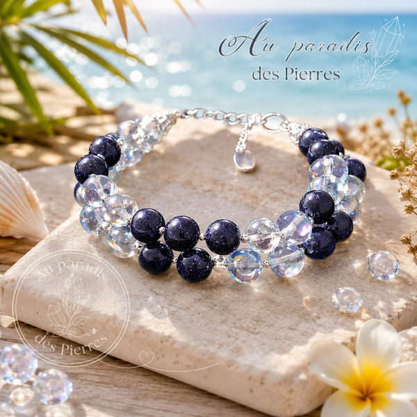 Bracelet réglable croisé double aqua aura et blu sand stone