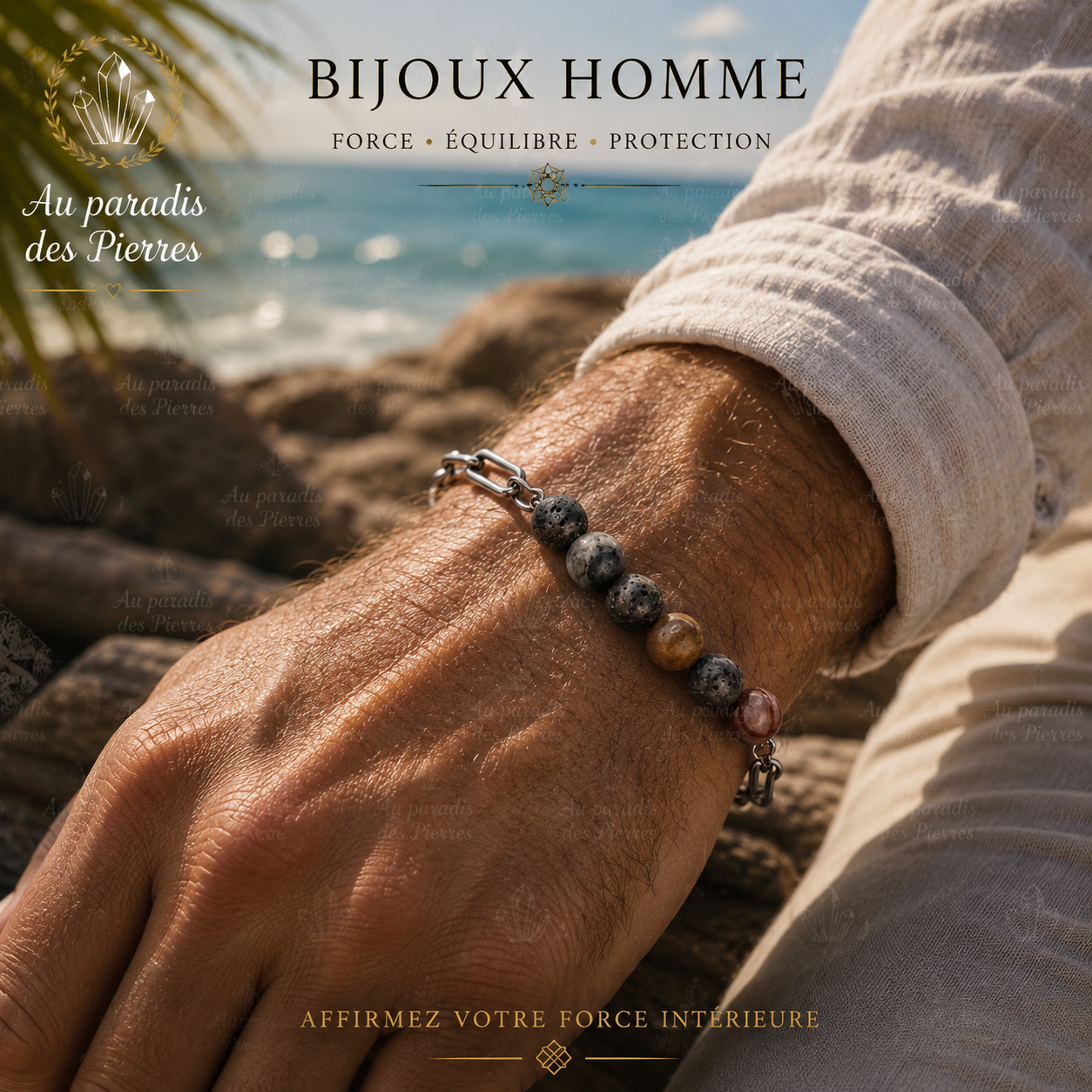 Bracelet réglable acier inoxydable pierre de lave et agate du botwsana 10mm