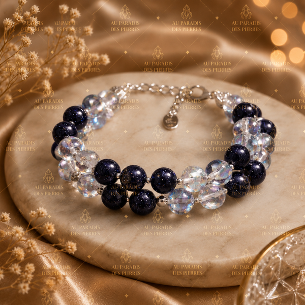 Bracelet réglable croisé double aqua aura et blu sand stone
