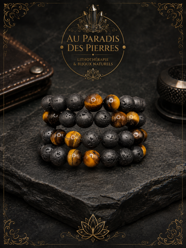 Bracelet multi réglable pierre de lave et œil de tigre (10mm)