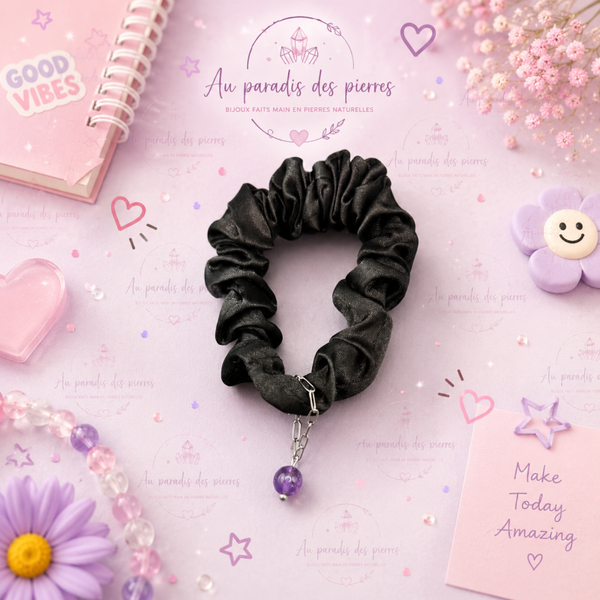 Chouchou noir en satin avec perle améthyste