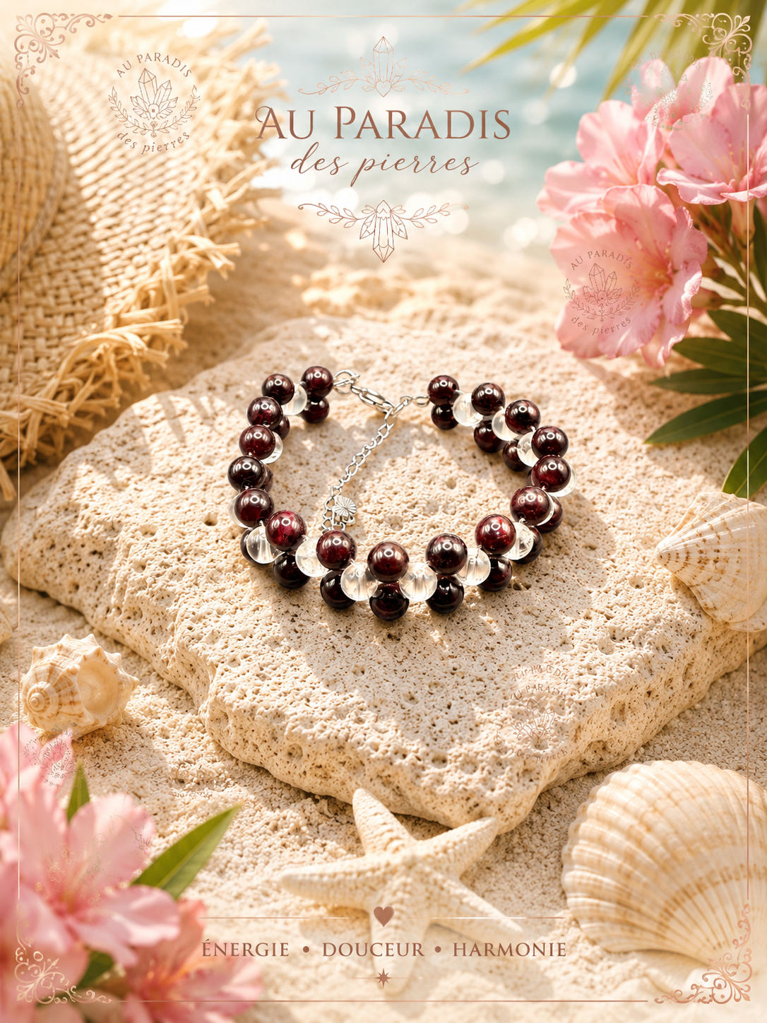 Bracelet tressé réglable grenat et cristal de roche