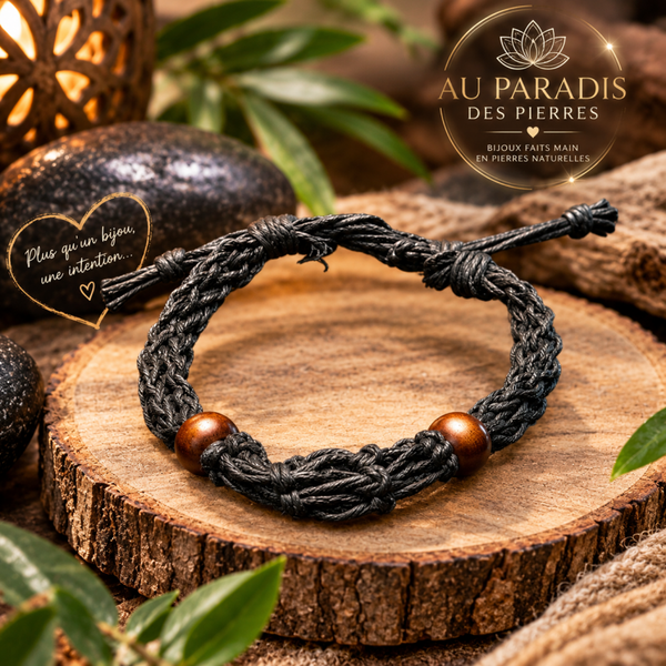Bracelet réglable en corde porte pierre noir