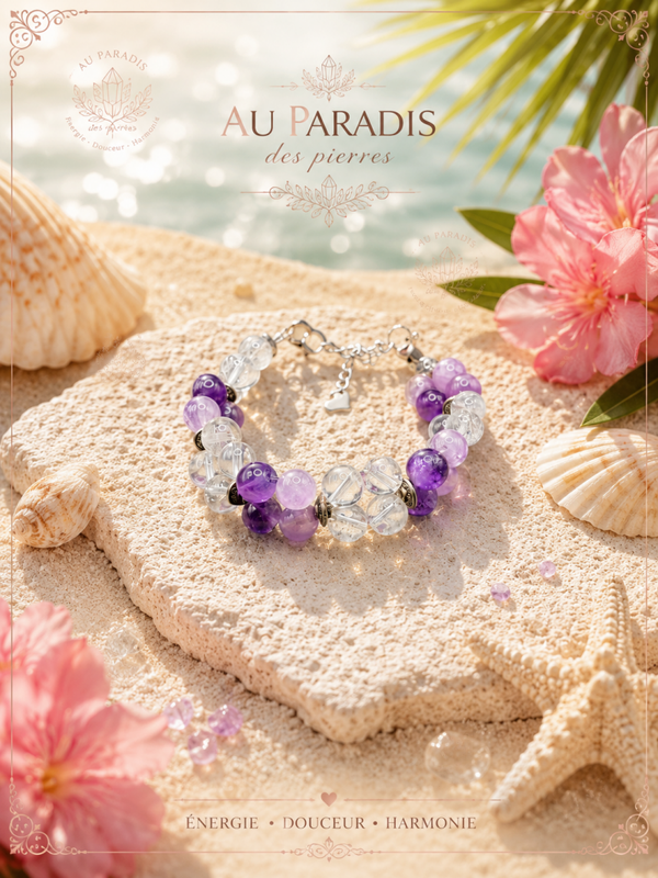 Bracelet réglable croisé double améthyste et cristal de roche