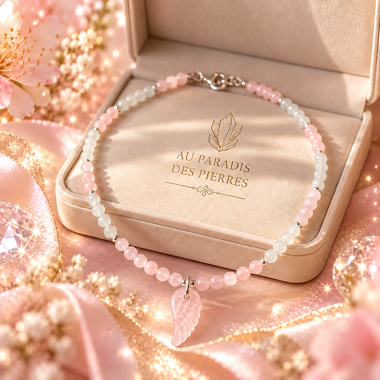 Collier en morganite et pierre de lune 6mm et son aile en quartz rose