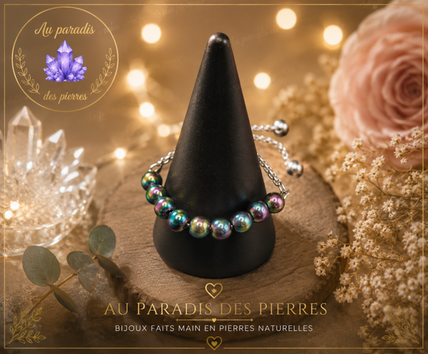 Bague chaînette réglable hématite arc en ciel