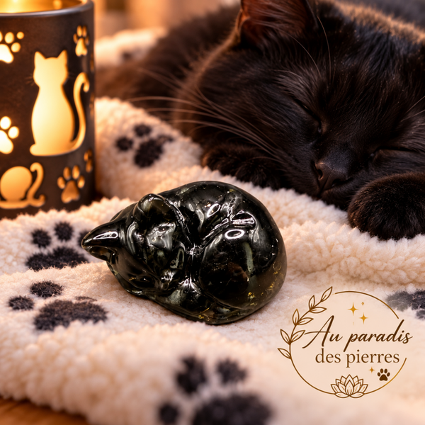 Chat couché en obsidienne