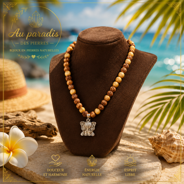 Collier jaspe bois  et rudraksha