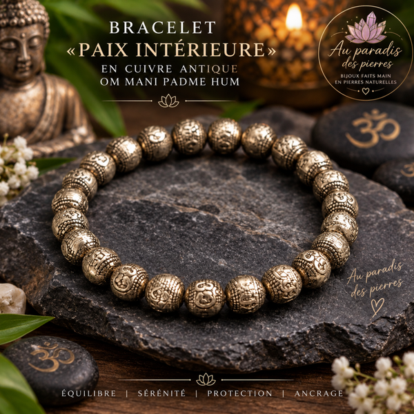 Bracelet «Paix intérieure» en cuivre antique Om Mani Padme Hum