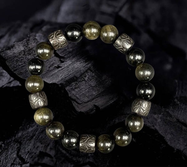 Bracelet obsidienne doré 10mm