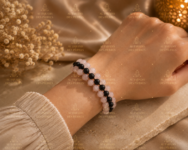 Bracelet tressé réglable quartz rose,pierres de lave