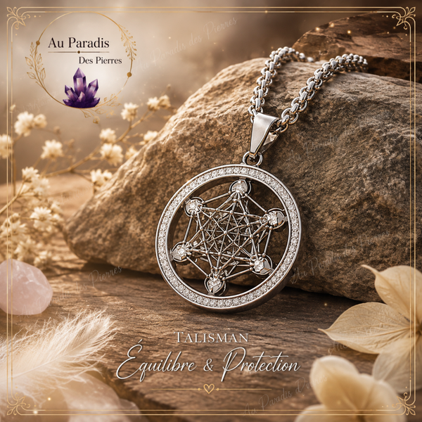 Pendentif Metatron argenté strass acier inoxydable