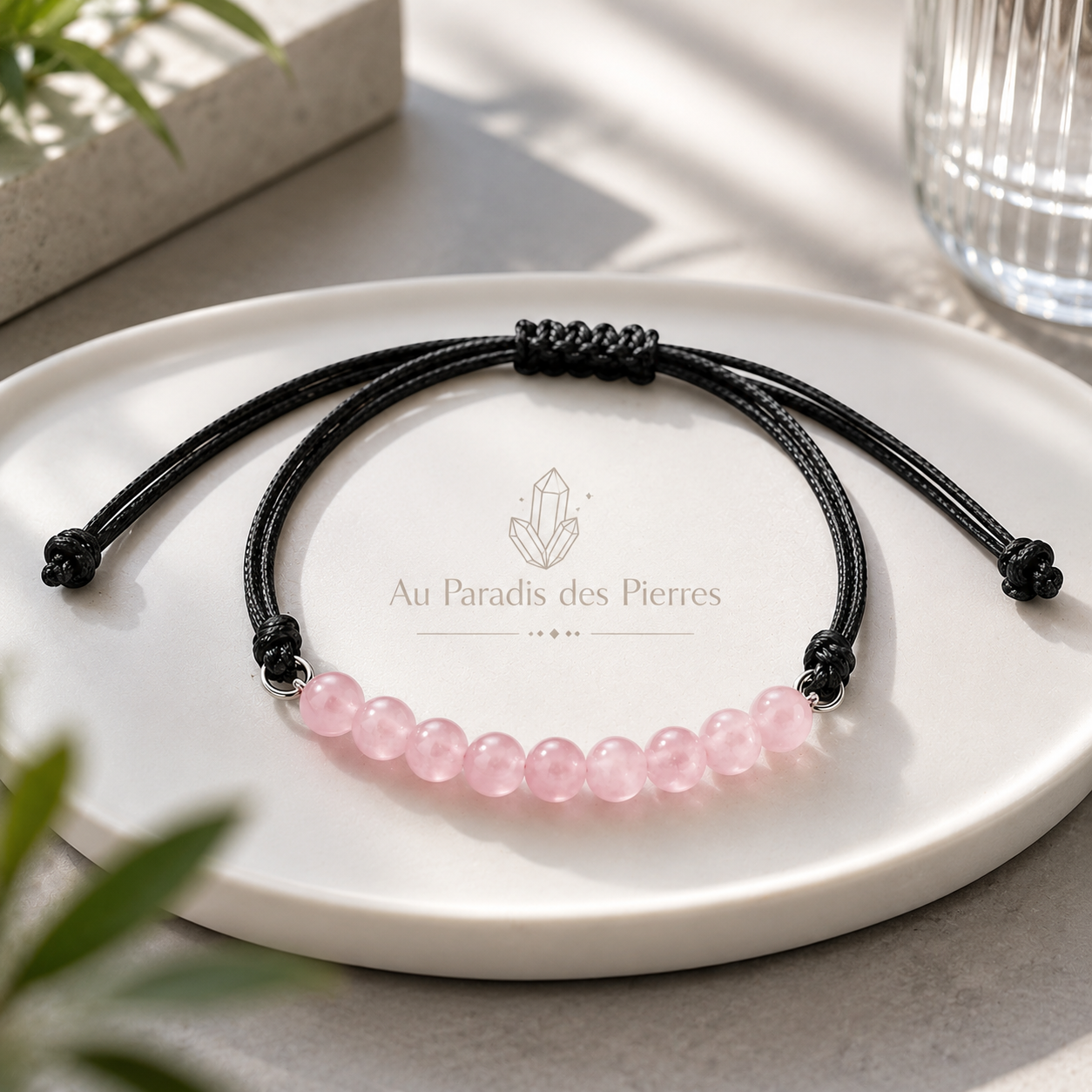 Bracelet réglable cordon quartz rose