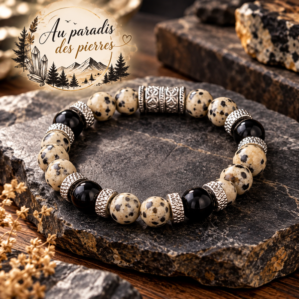 Bracelet jaspe dalmatiens et agate noire