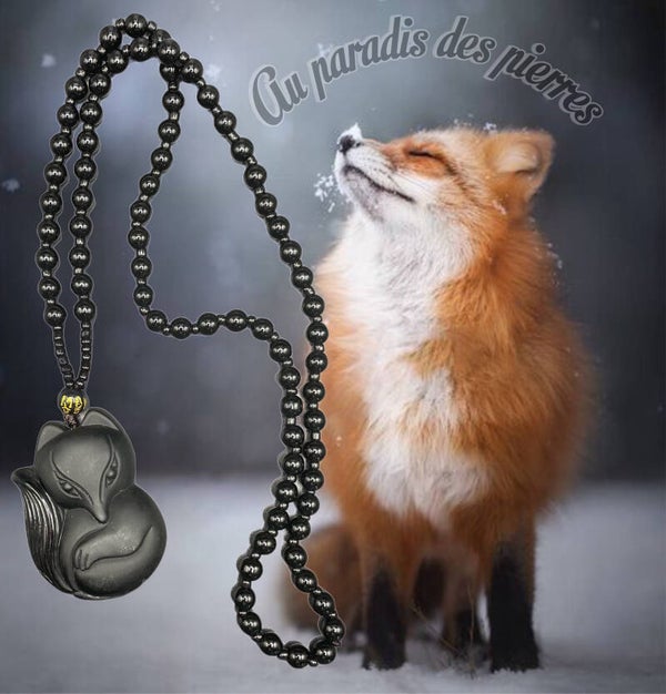 Pendentif renard en obsidienne et collier en obsidienne