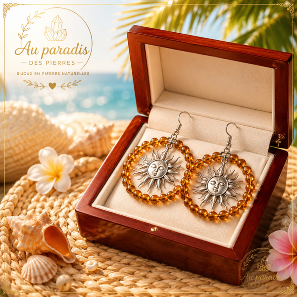 Boucle d’oreille créole ambre et son soleil 🌞
