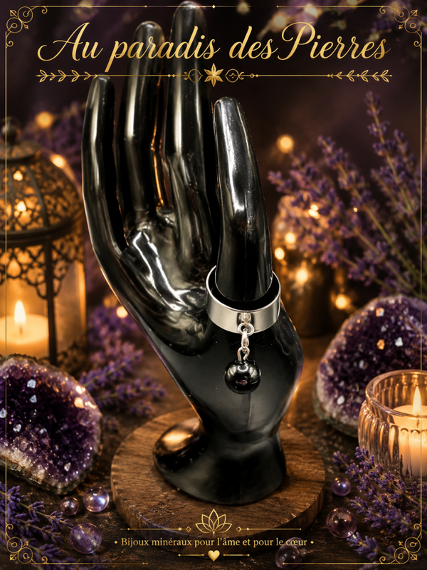 Bague réglable pampille obsidienne