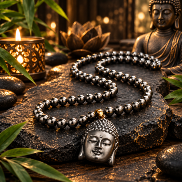 Pendentif bouddha en obsidienne et son collier