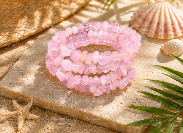 💗 BRACELET MULTI TOURS QUARTZ ROSE PERLES CHIPS 💗