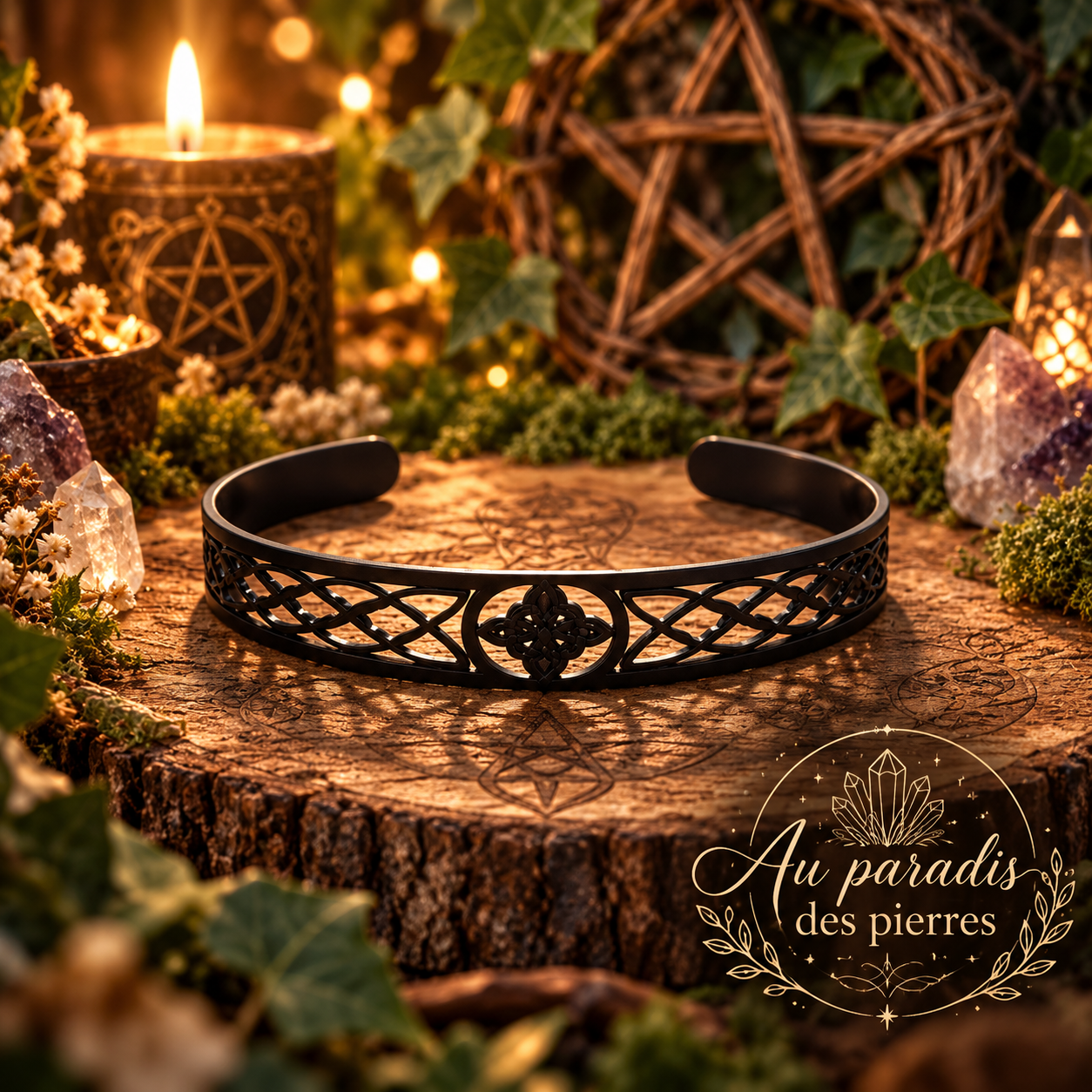 Bracelet réglable noeud de sorciere noir
