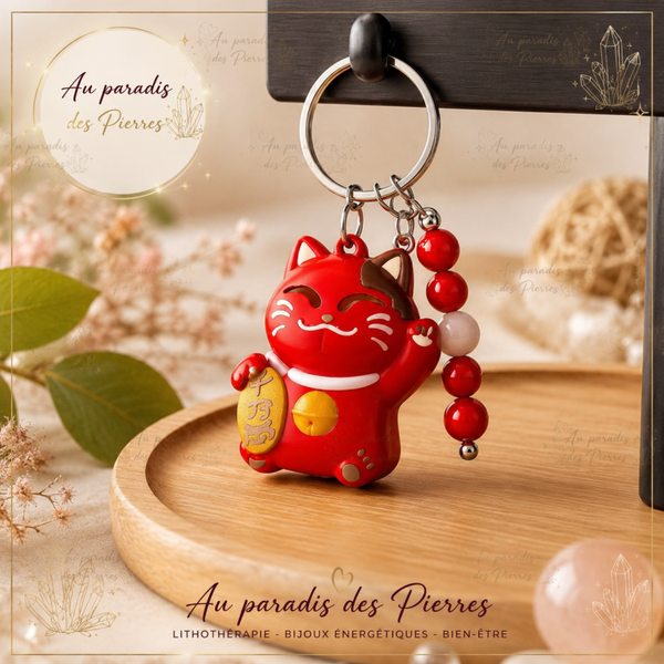 Porte clé maneki neko rouge et pierre de cinabre