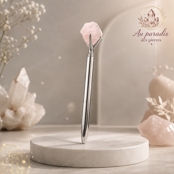 Stylo bille avec pierre brut quartz rose